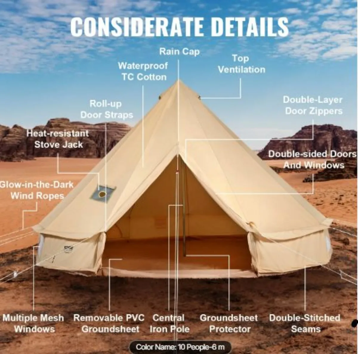 Canvas Bell Tent, 4 Seasons 6 m/19.68 ft Yurt Tent - Image 3