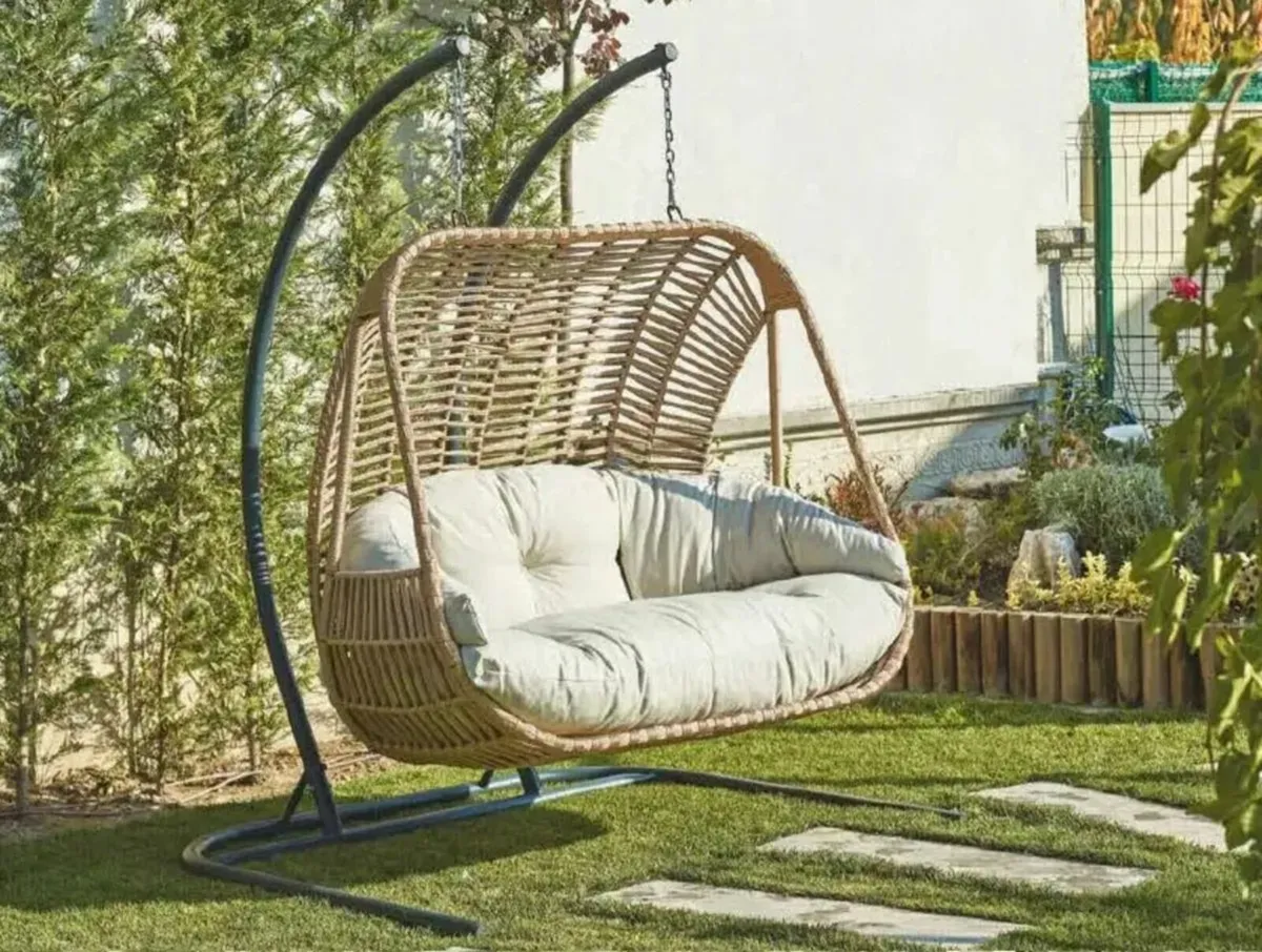 Double egg chair textile rope with cushion - Image 1
