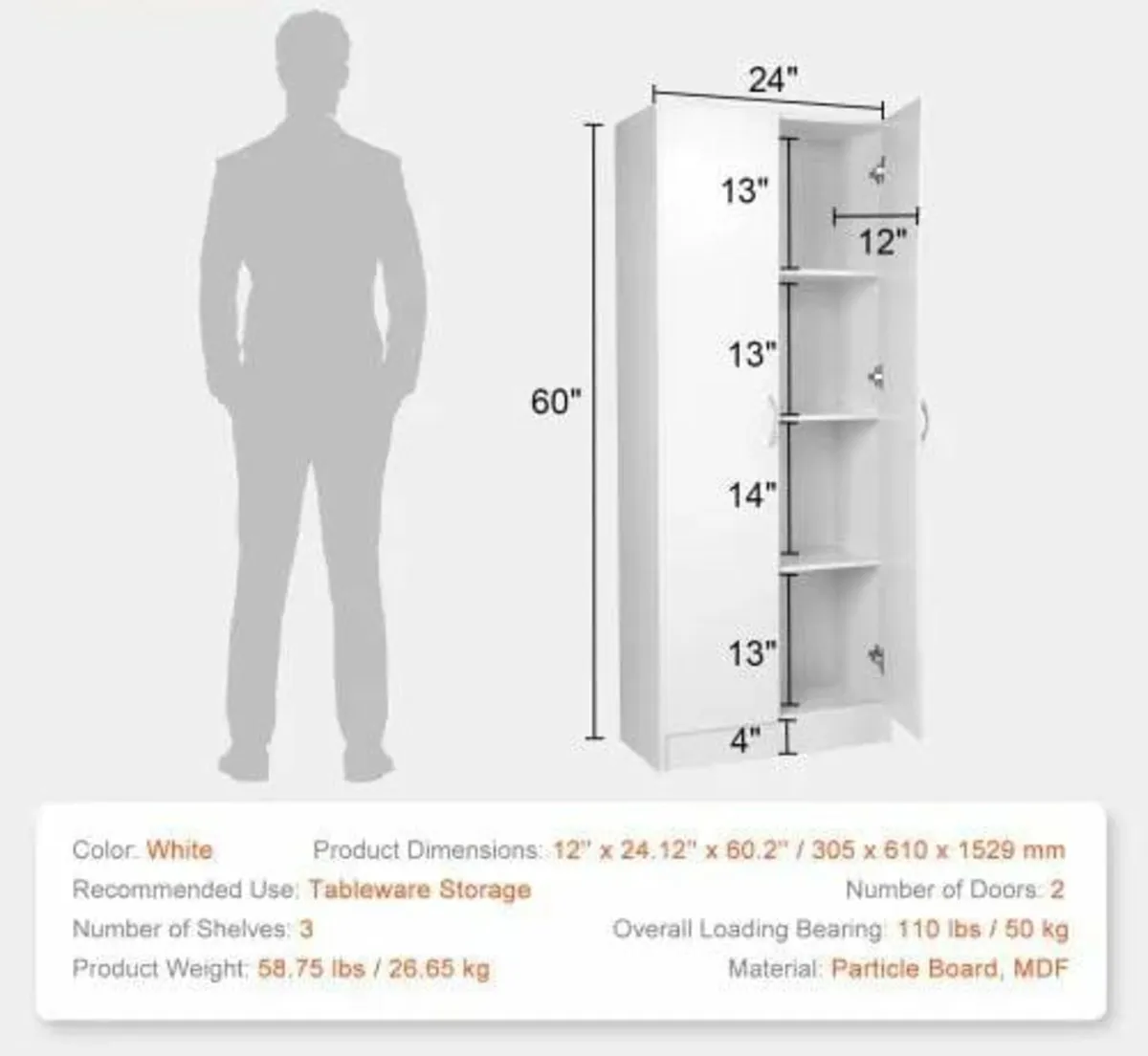 Kitchen Pantry Cabinet, 60" Tall Food Pantry Stora - Image 3