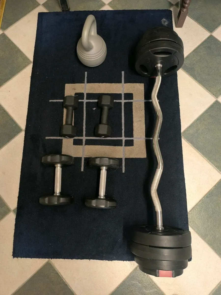 Curling Bar, Dumbbells and Kettlebell - Image 1
