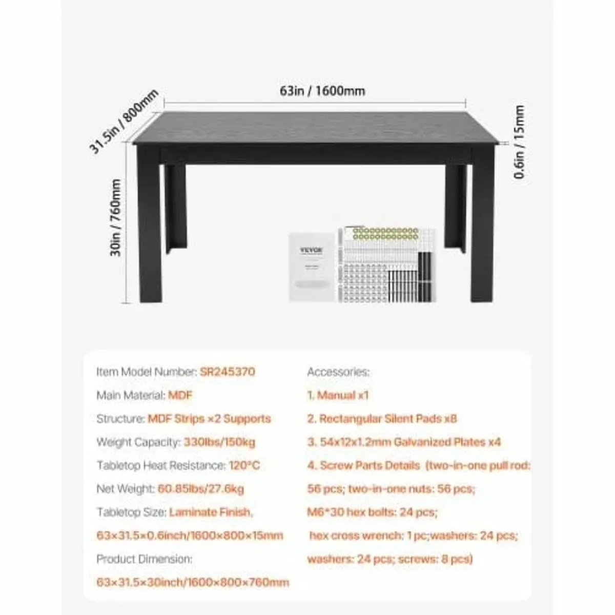 Rectangle Dining Table, 63 inch Length Large Wood - Image 4