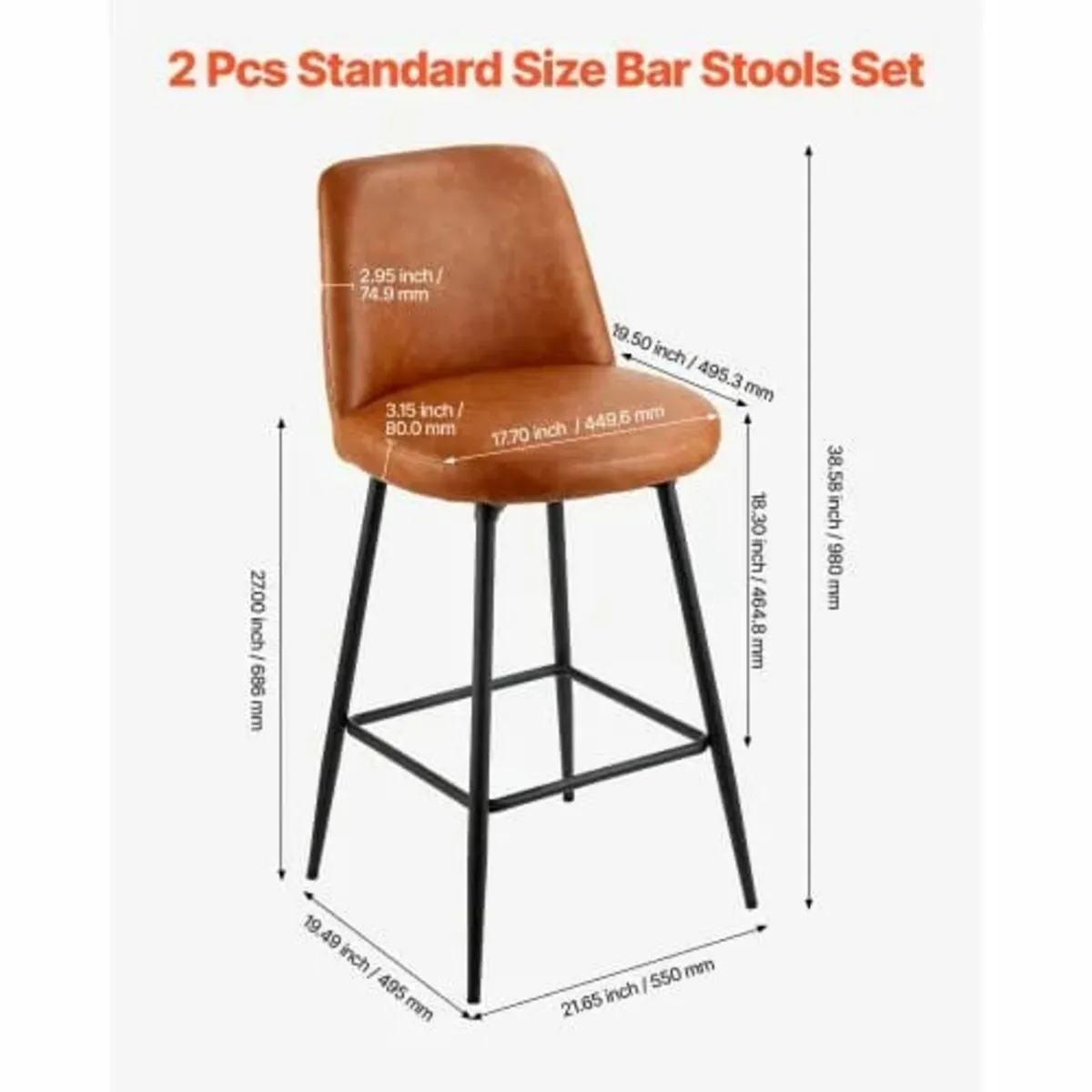 Bar Stool Set of 2, 69cm Counter Height Swivel Sto - Image 3