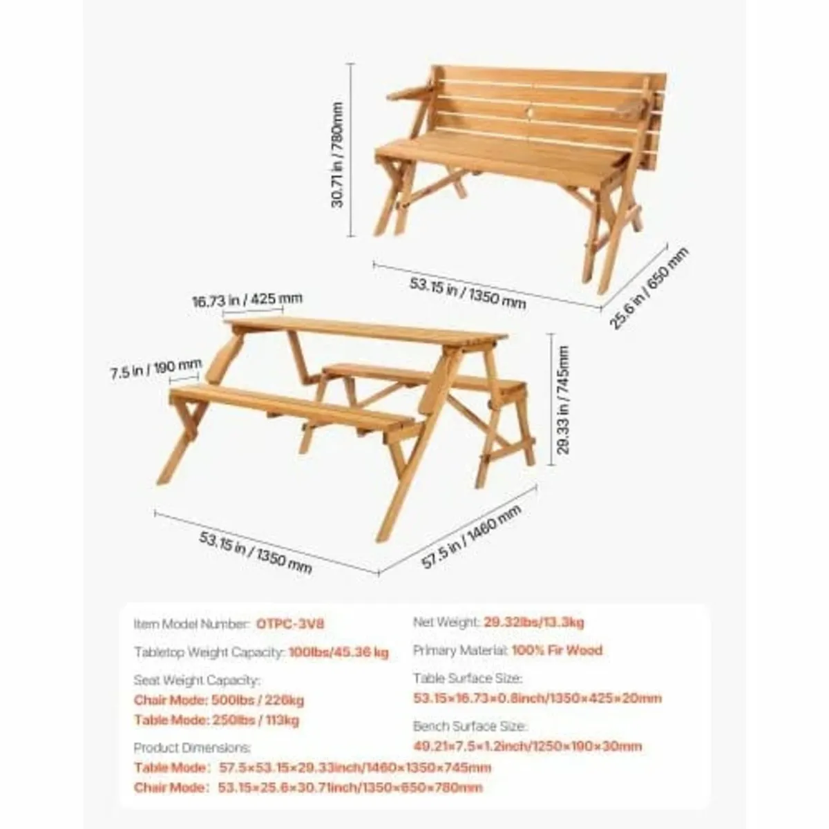 2-in-1 Transforming Interchangeable Picnic Table, - Image 2