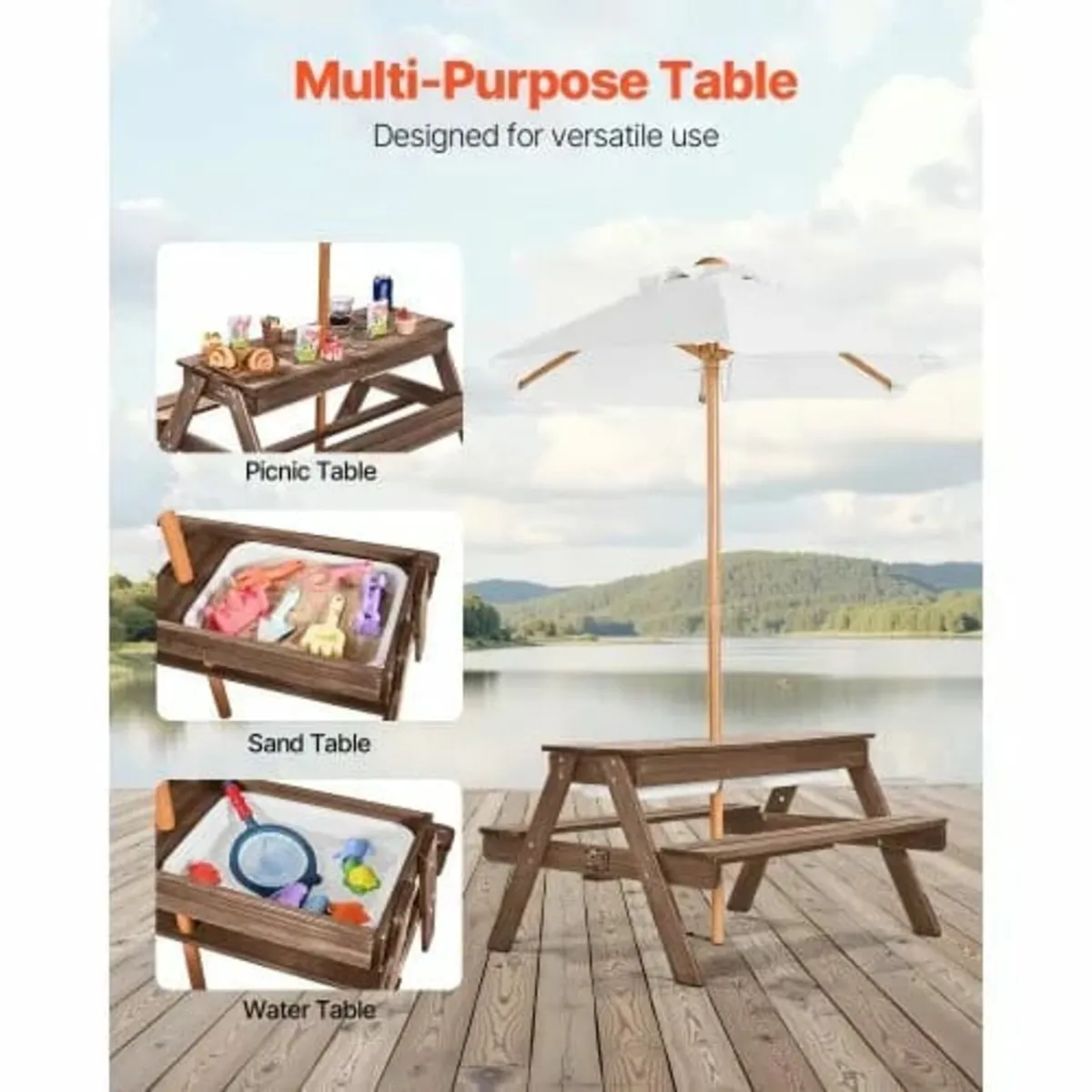 Kids Picnic Table with Umbrella, 3-in-1 Sand & Wat - Image 3