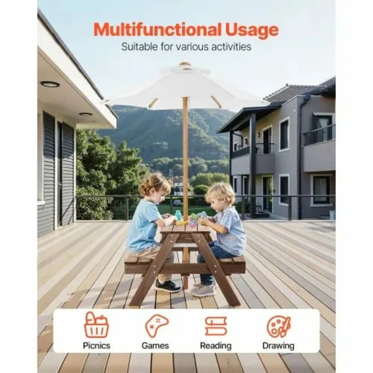 Kids Picnic Table with Umbrella, 3-in-1 Sand & Wat - Image 4