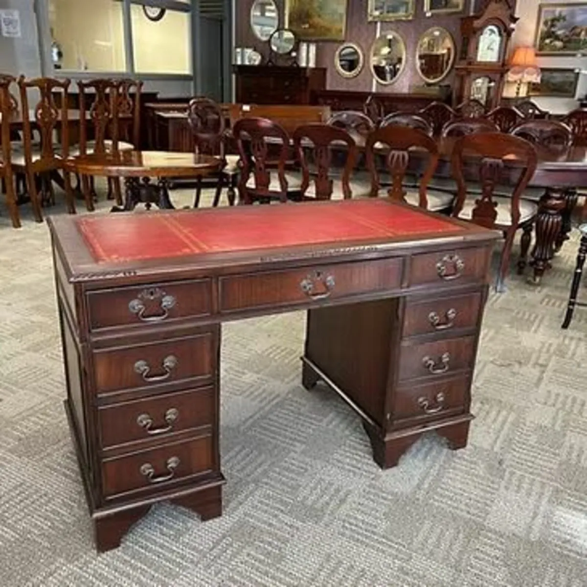 Mahogany red leather top twin pedestal writing des