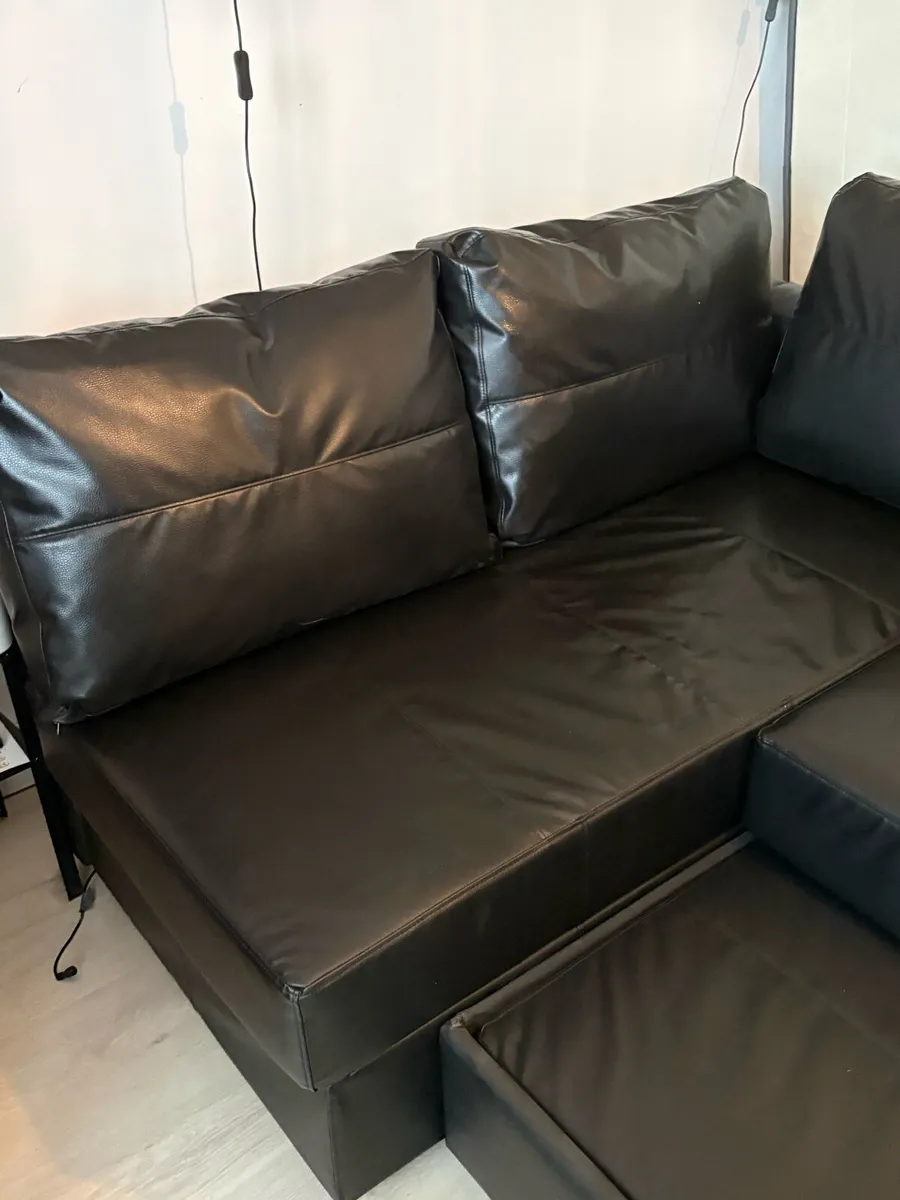 IKEA black leather sofa bed corner with stors - Image 3