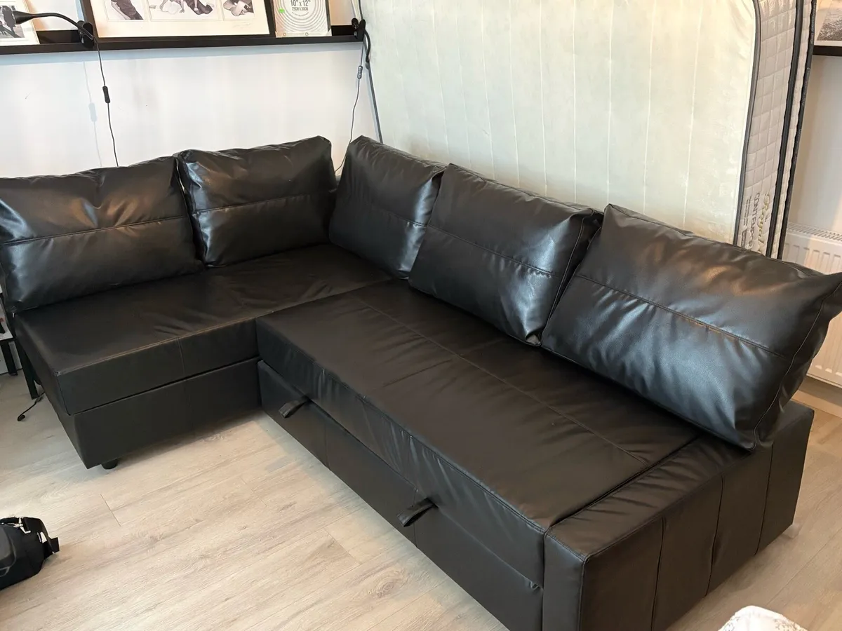 IKEA black leather sofa bed corner with stors - Image 4