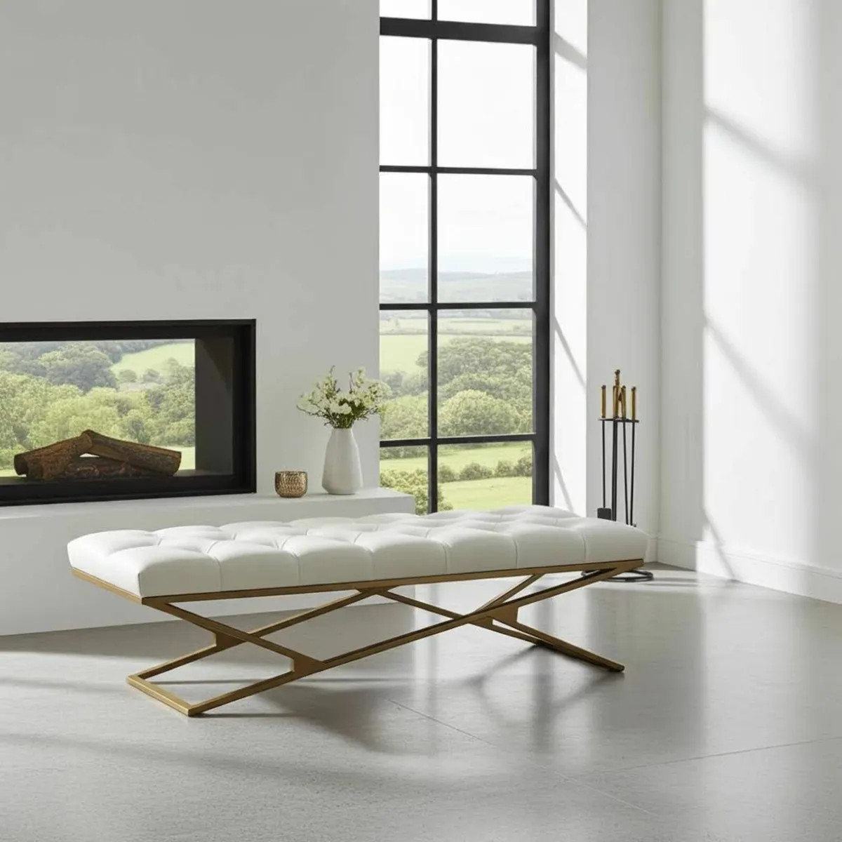 Metal-Framed Bench 140x40cm Gold Frame / Eco Leath - Image 1