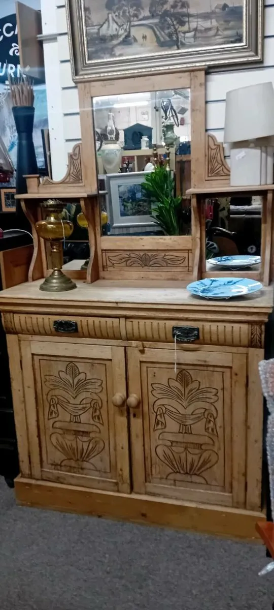 Victorian Stripped Pine Sideboard With Mirror - Image 1