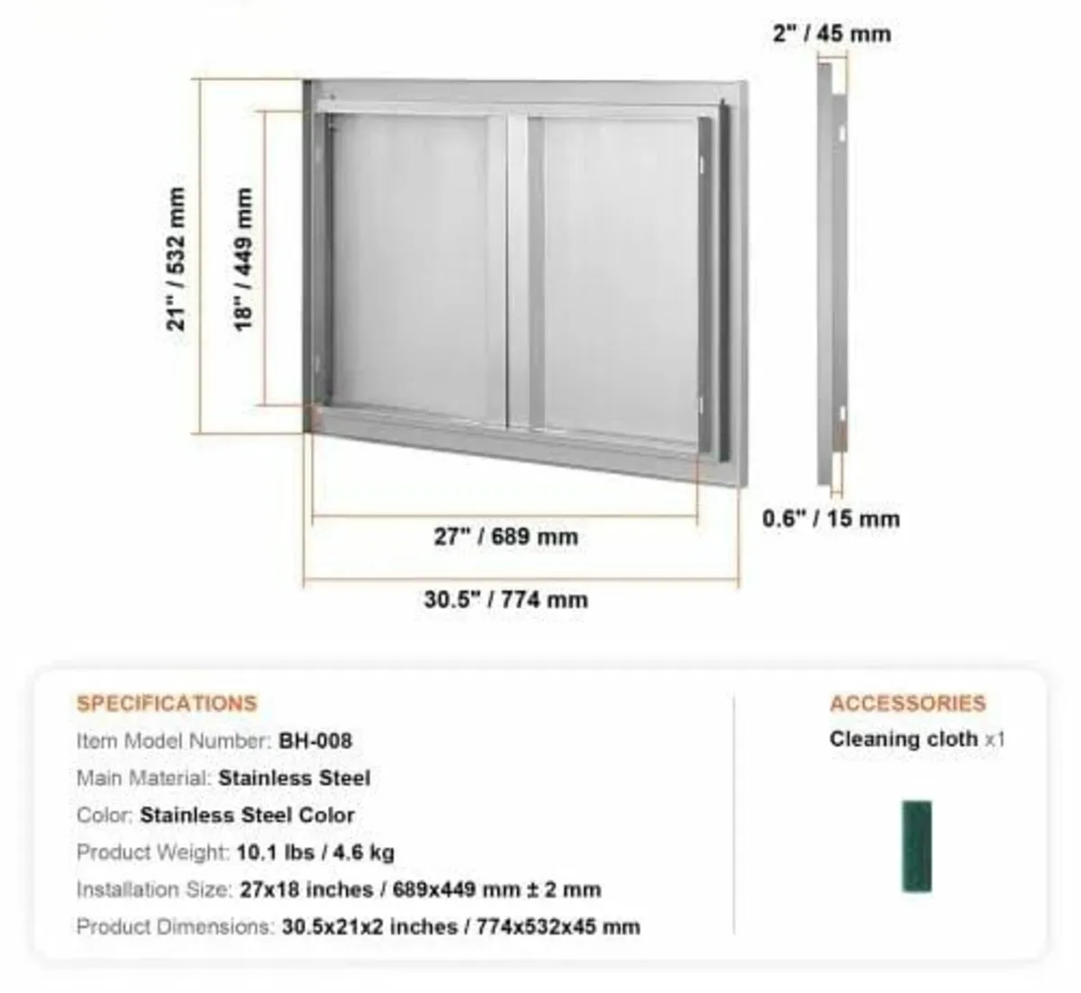 774x532 mm Double Outdoor Kitchen Door, Stainless - Image 4