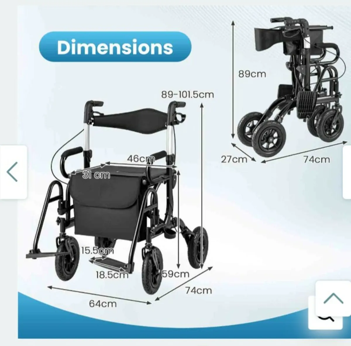 Freepost 2 in 1 Rollator Walker & Transport Chair - Image 2