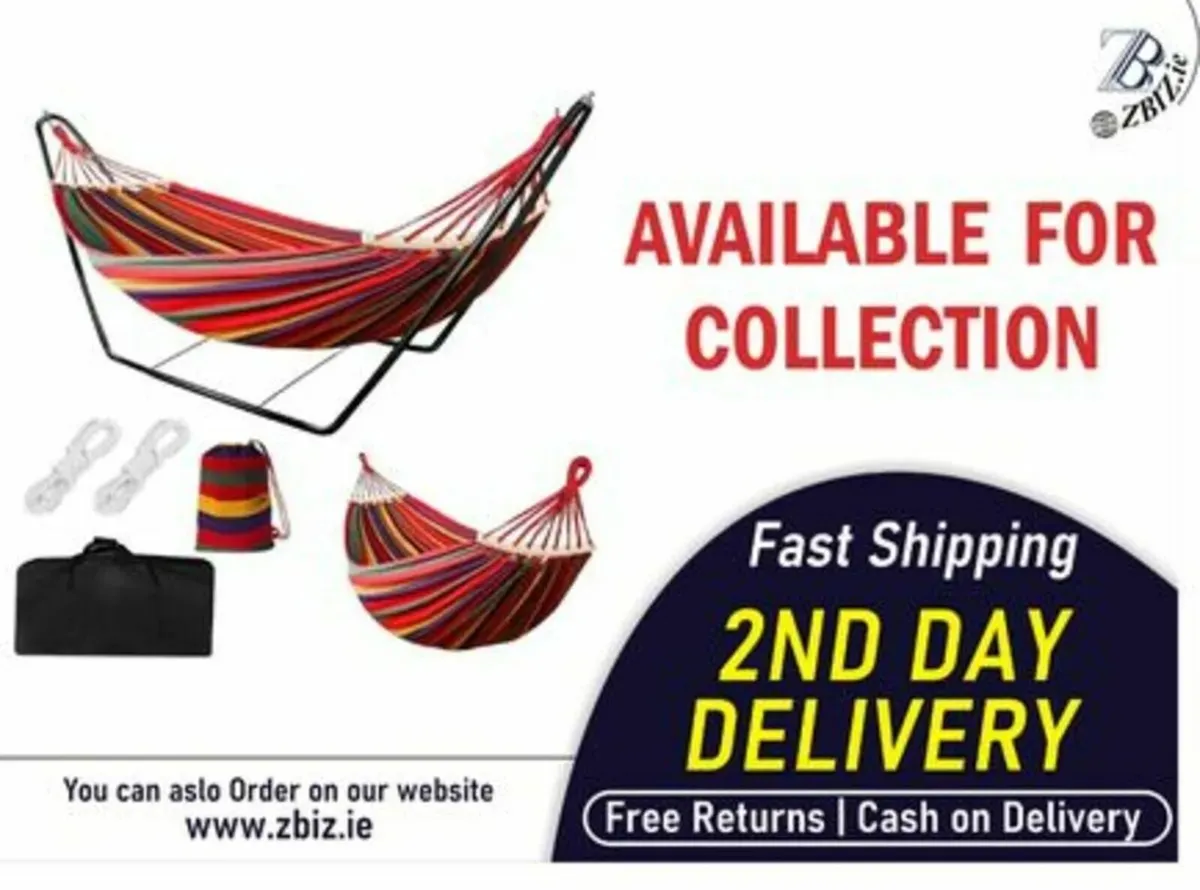 Double Hammock with Stand – Cotton Fabric Comfort - Image 1