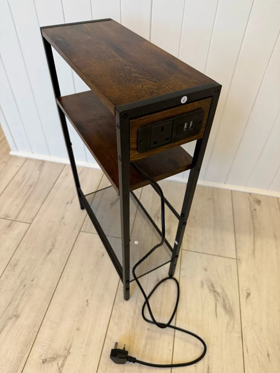 Slim Side Table with Charging Station, Brown/Black - Image 1