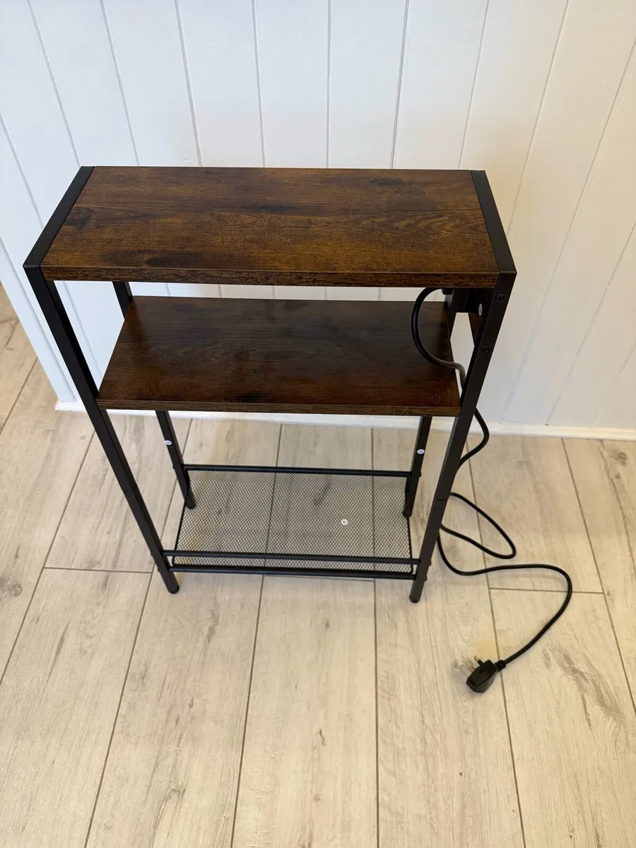 Slim Side Table with Charging Station, Brown/Black - Image 2