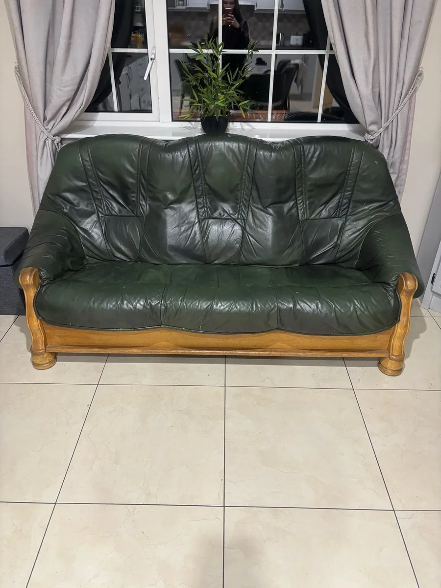 Green leather couch and armchair set - Image 1