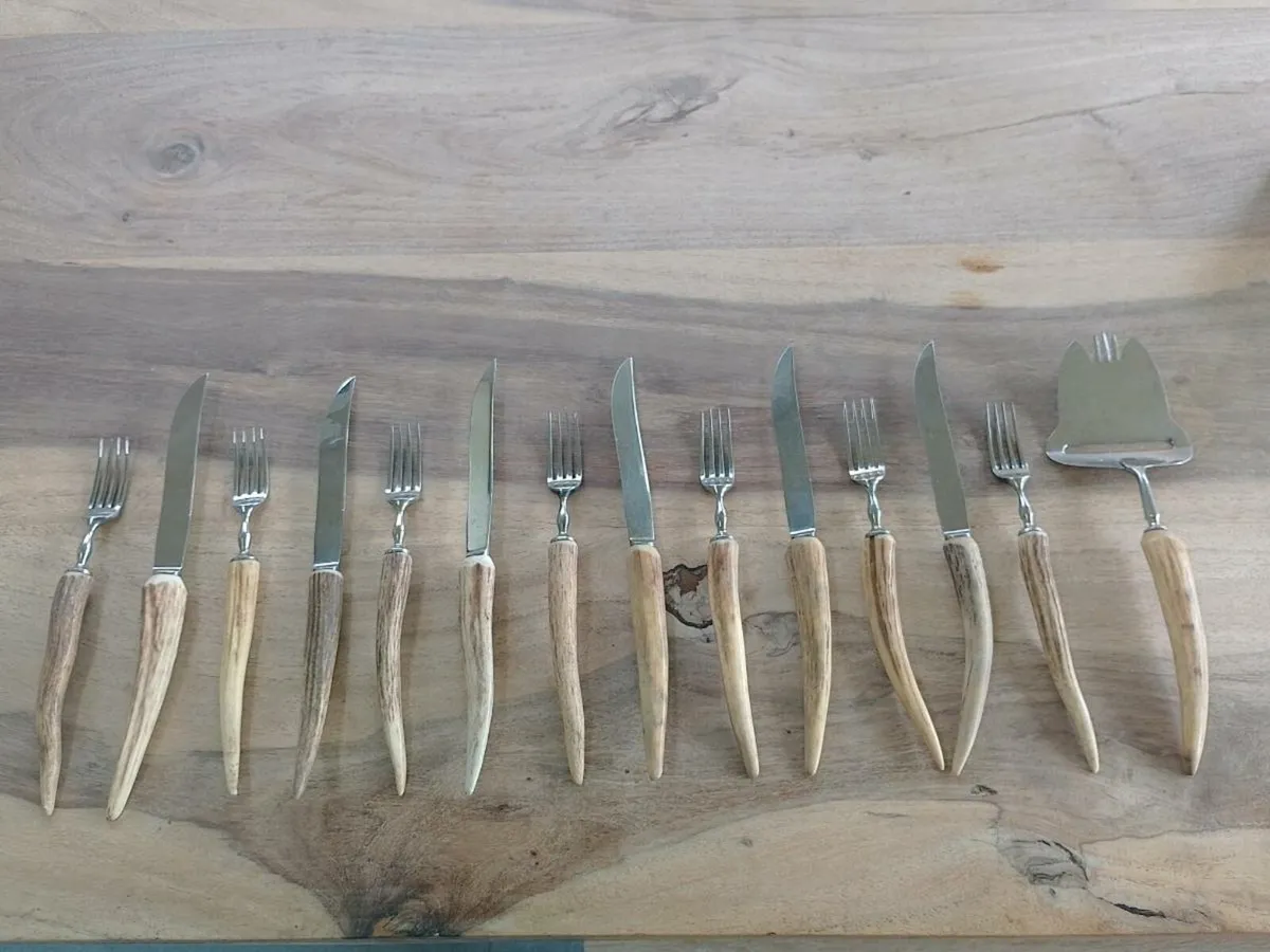 Antique deer stag antler bone handled knife fork - Image 1