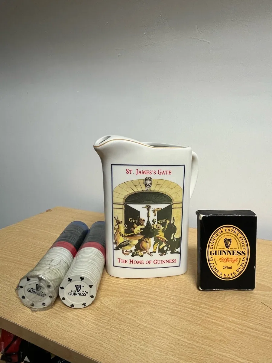 Guinness water jug playing cards poker chips