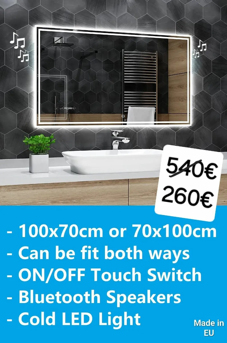 LED Bathroom Mirror Bluetooth Speakers 100x70cm - Image 2