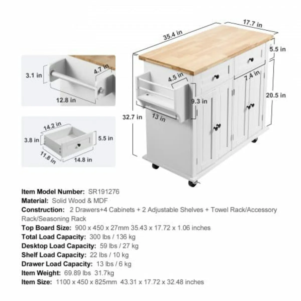 Kitchen Island Cart with Solid Wood Top, 90 cm Wid - Image 3