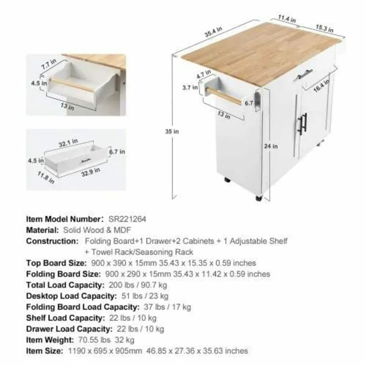 Kitchen Island Cart with Solid Wood Top, 90 cm Wid - Image 3