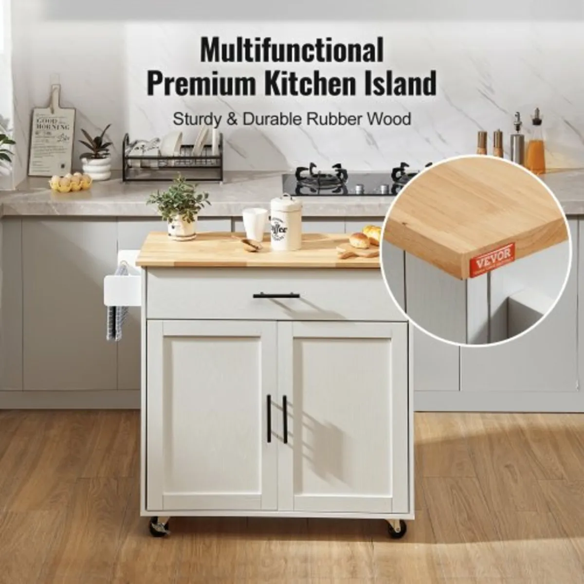 Kitchen Island Cart with Solid Wood Top, 90 cm Wid - Image 4