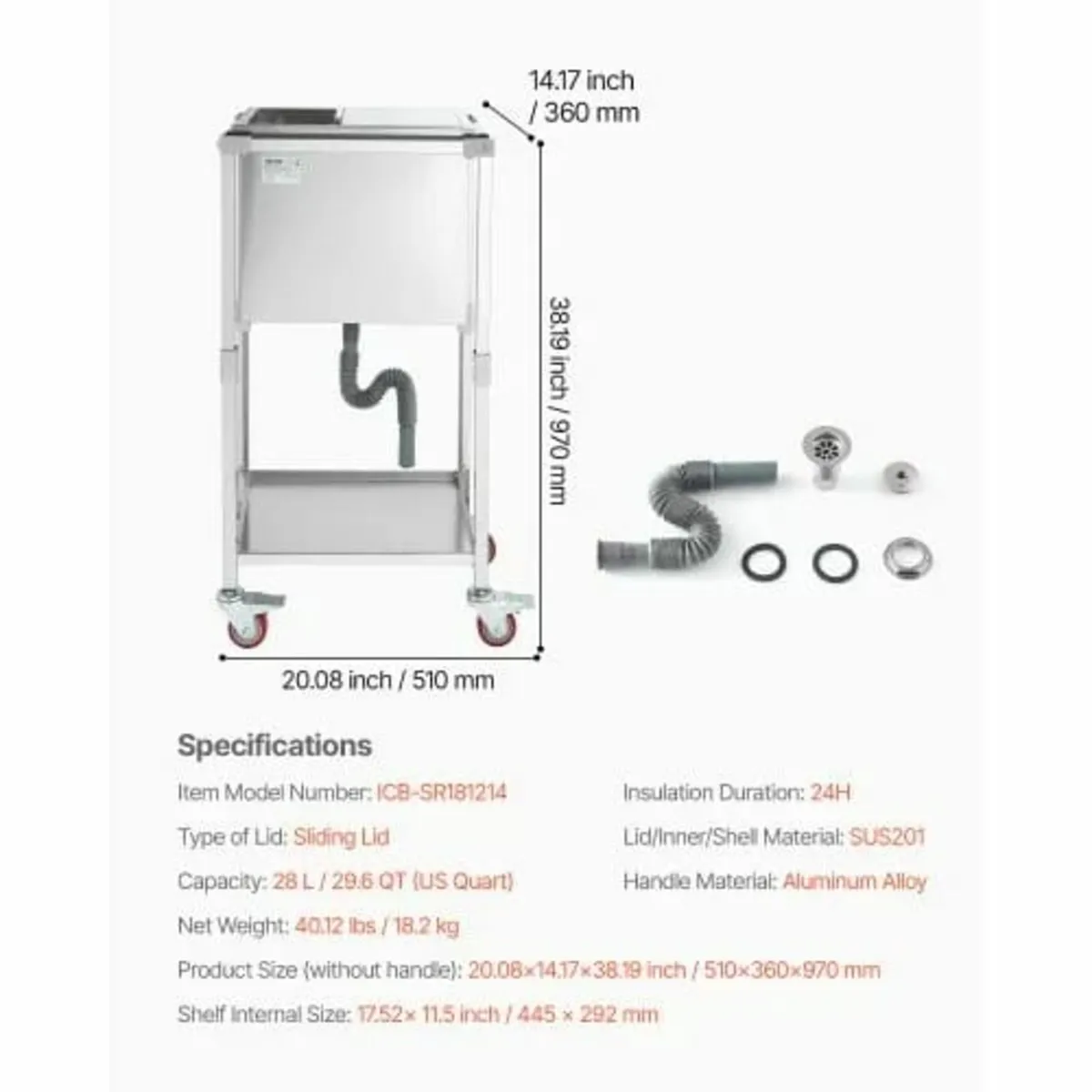 Rolling Ice Chest Cooler Cart, 20"L x 14"W x 38"H - Image 2