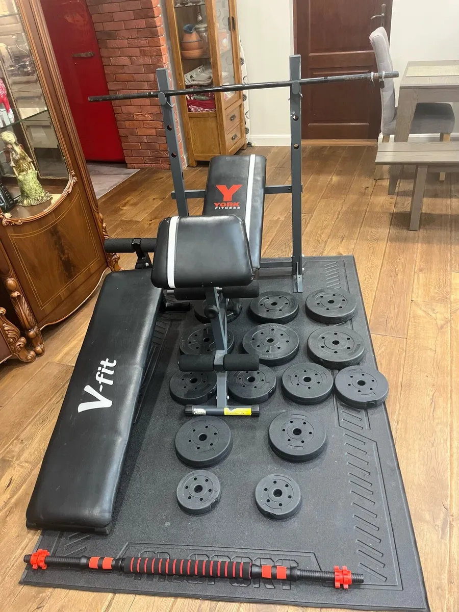 Bench barbell dumbbells and weights - Image 1