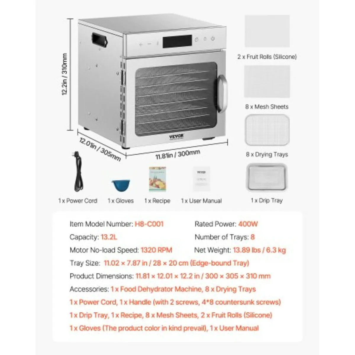Food Dehydrator Machine, 8 Stainless Steel Trays, - Image 3
