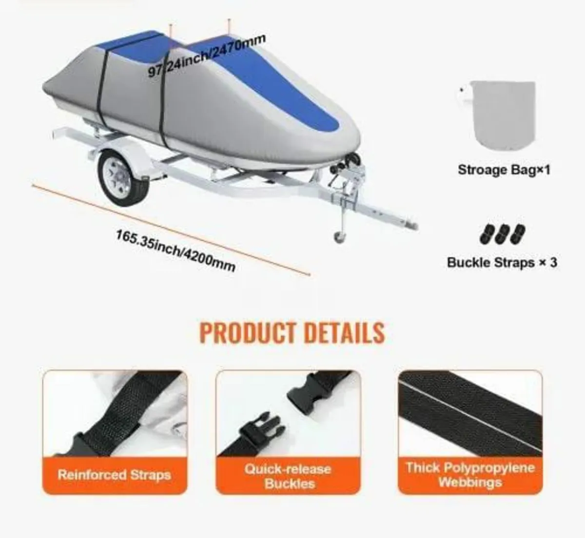 Jet Ski Cover, 3200-3420 mm Trailerable Waterproof - Image 2