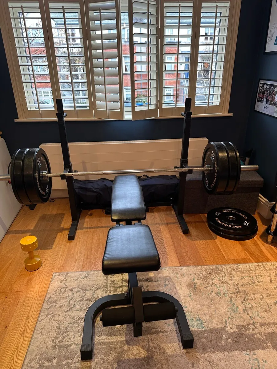 Gym bench , bar , rack and weights - Image 1