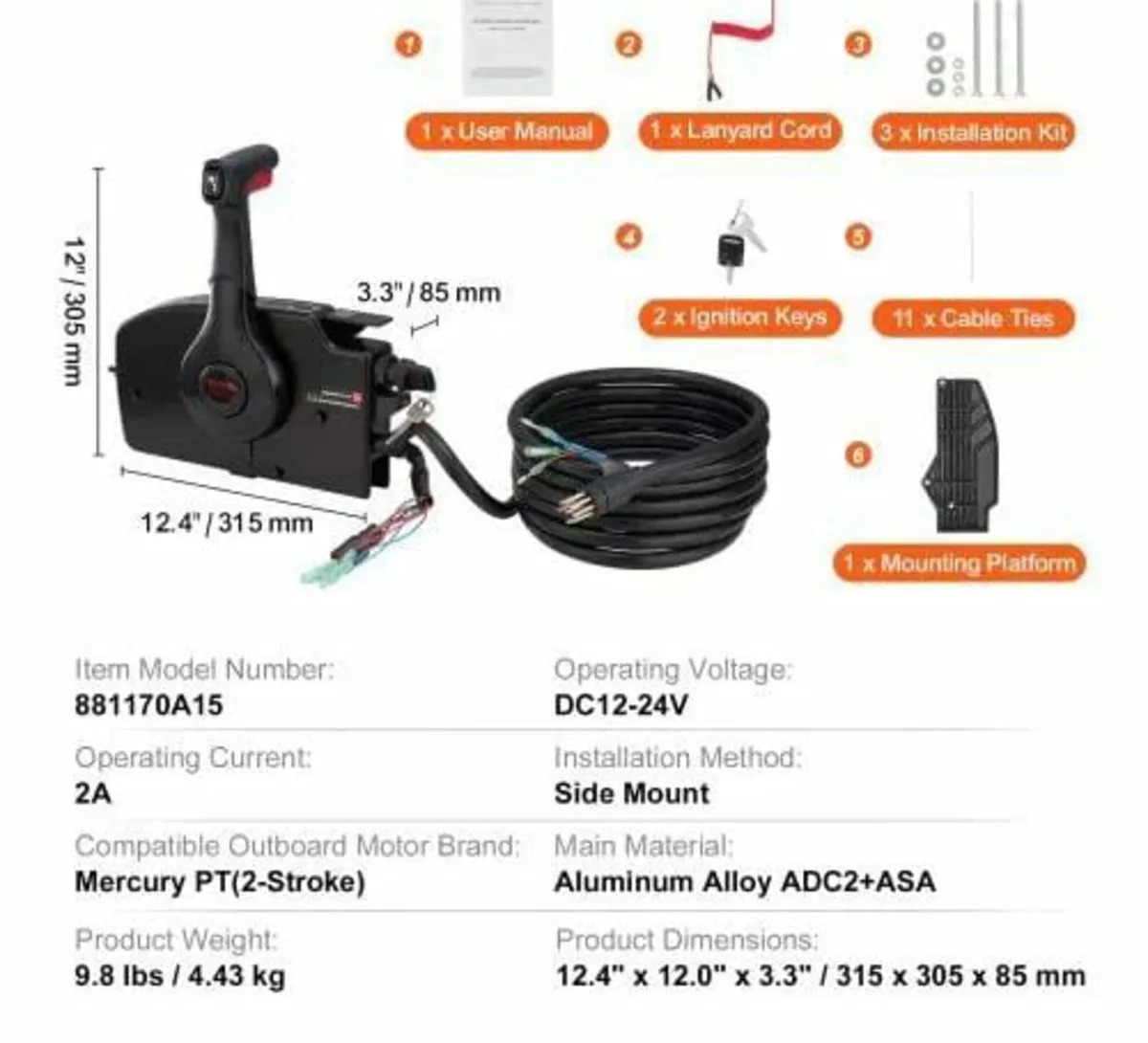 Boat Throttle Control, 881170A15 Side-Mounted Outb - Image 2