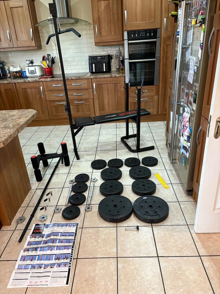 WEIGHT BENCH, PULL DOWN LAT, LEGS, WEIGHTS, BARS!! - Image 1