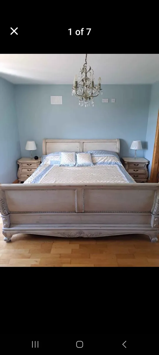 Superking sleigh bed french distressed pine - Image 1