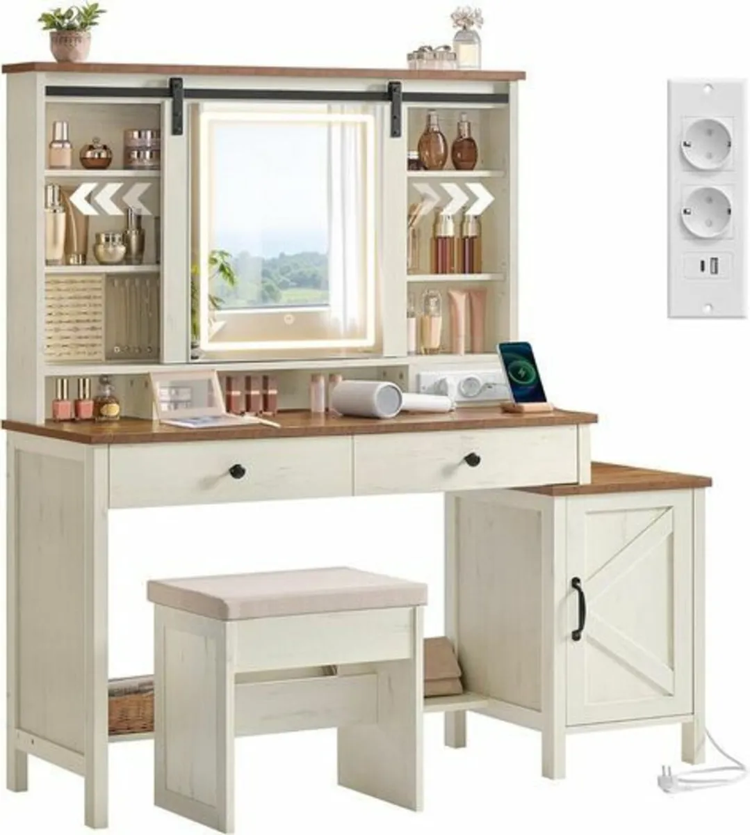 Country Style Dressing Table with Stool Mirror and - Image 1