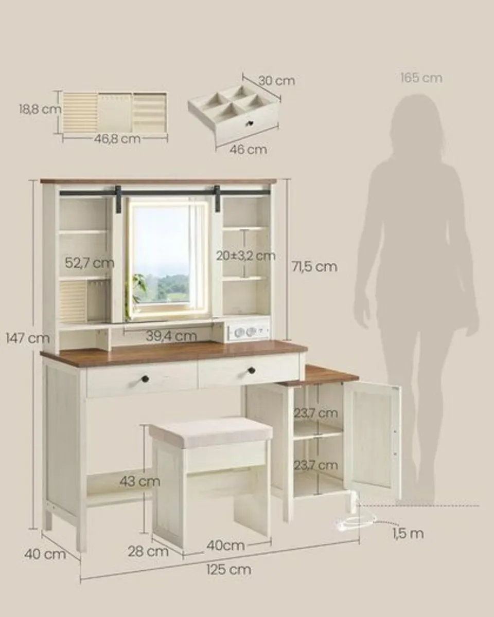 Country Style Dressing Table with Stool Mirror and - Image 4