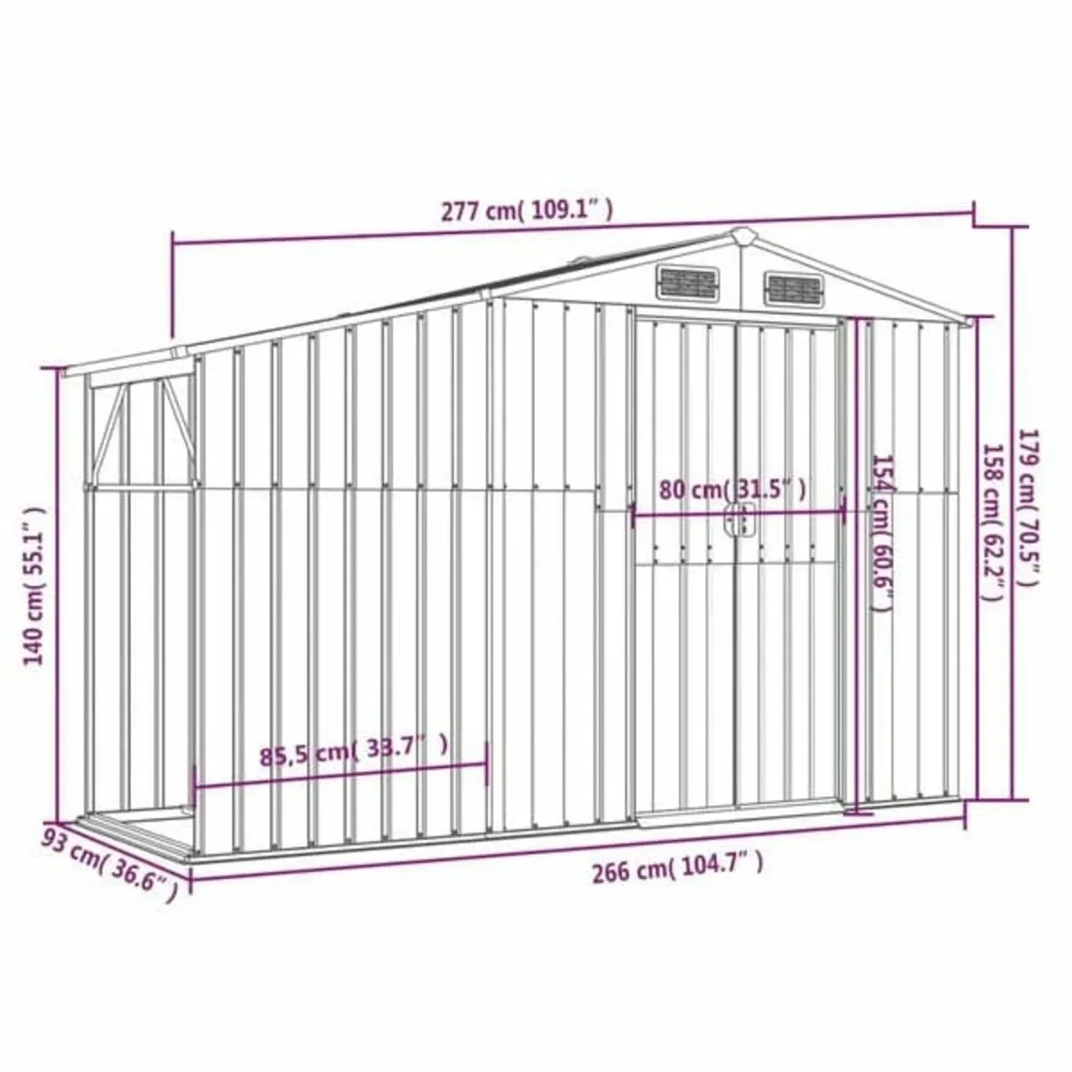 Garden Shed Anthracite 277x93x179 cm Galvanised St - Image 2