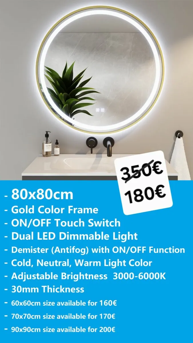 LED Bathroom Mirror 80cm Gold Antifog - Image 4