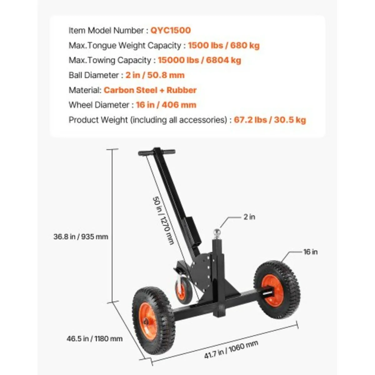 Trailer Dolly, 1500lbs Tongue Weight Capacity, 2 i - Image 2