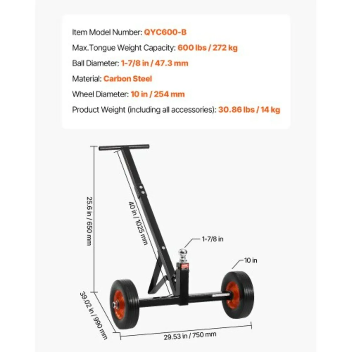 Trailer Dolly, 600lbs Tongue Weight Capacity, Carb - Image 2