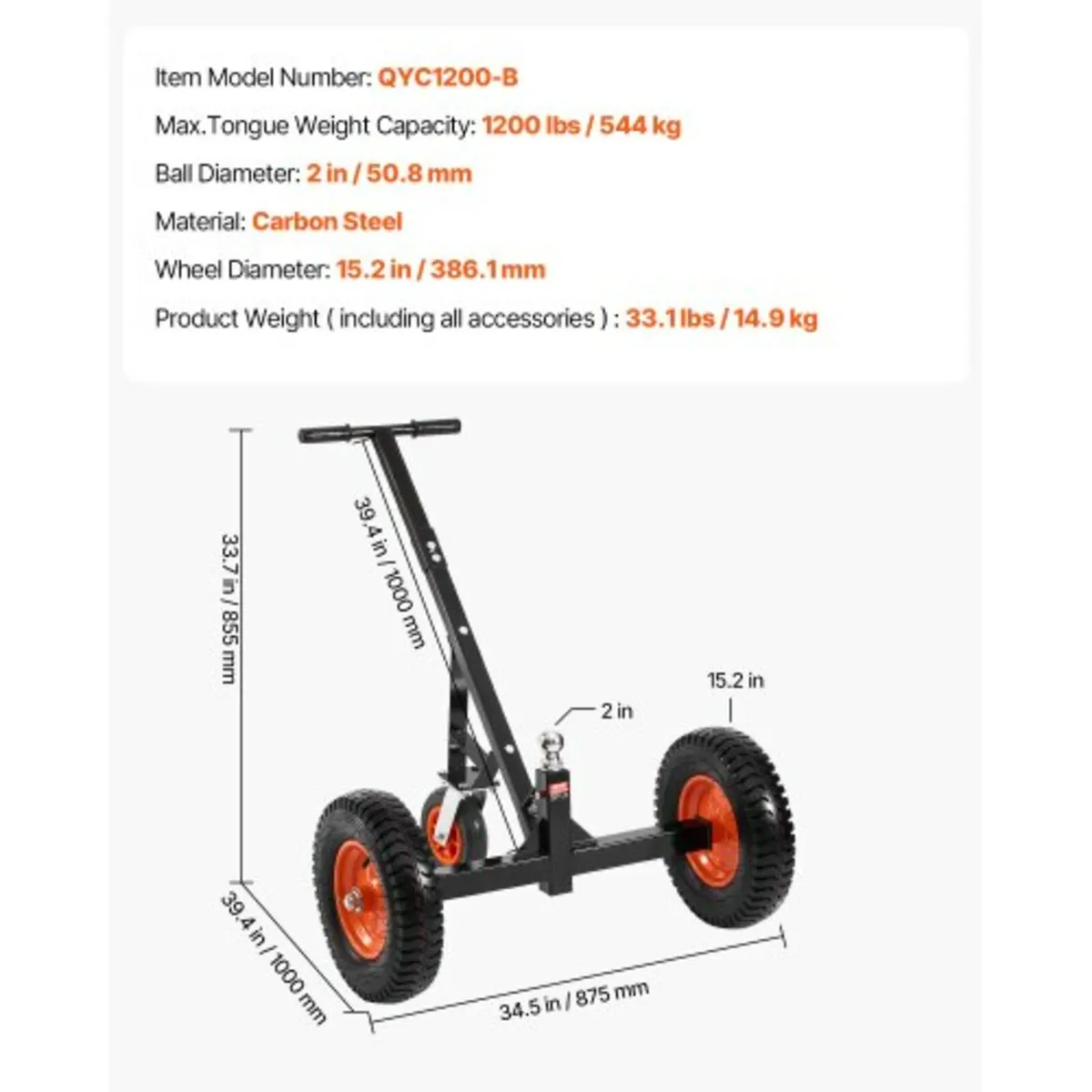 Trailer Dolly, 1200lbs Tongue Weight Capacity, Car - Image 2