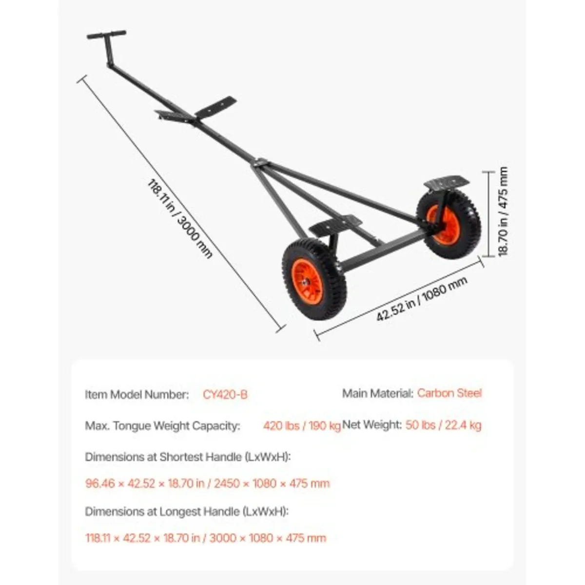 Boat Trailer Dolly, 420lbs Load Capacity, Carbon S - Image 2