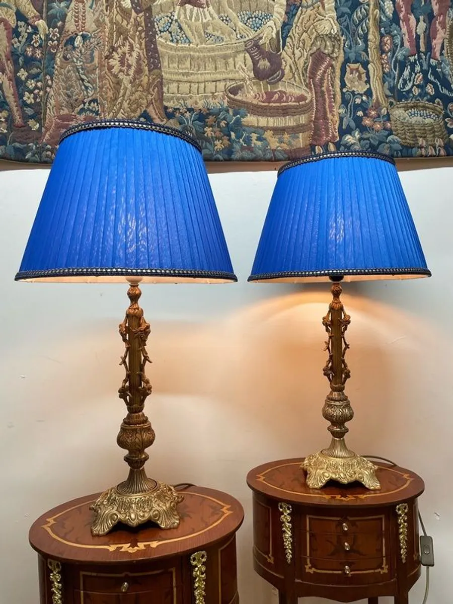 Pair of Neoclassical Style Brass Table Lamps with Blue Pleated Shades - Image 1