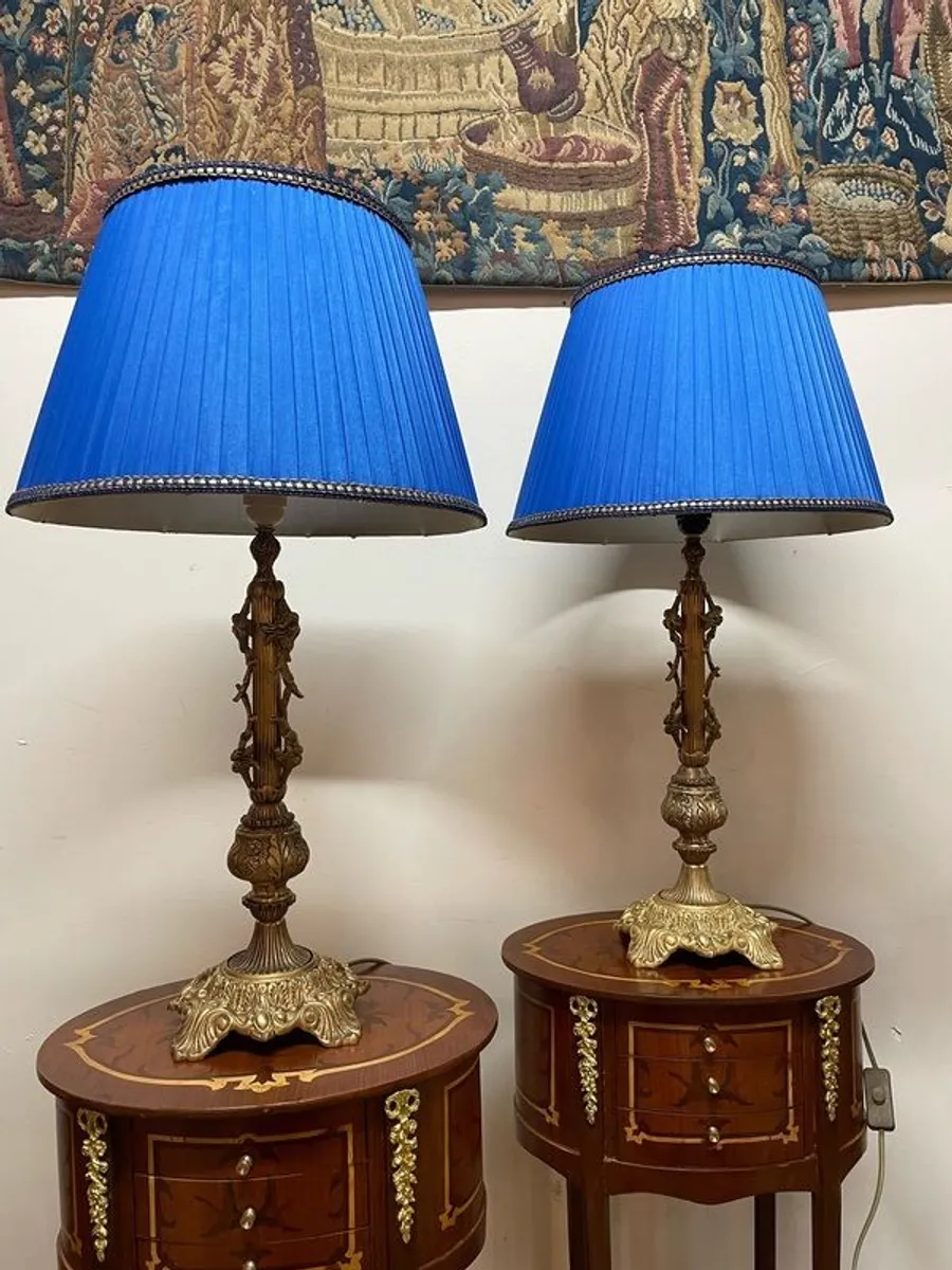 Pair of Neoclassical Style Brass Table Lamps with Blue Pleated Shades - Image 2