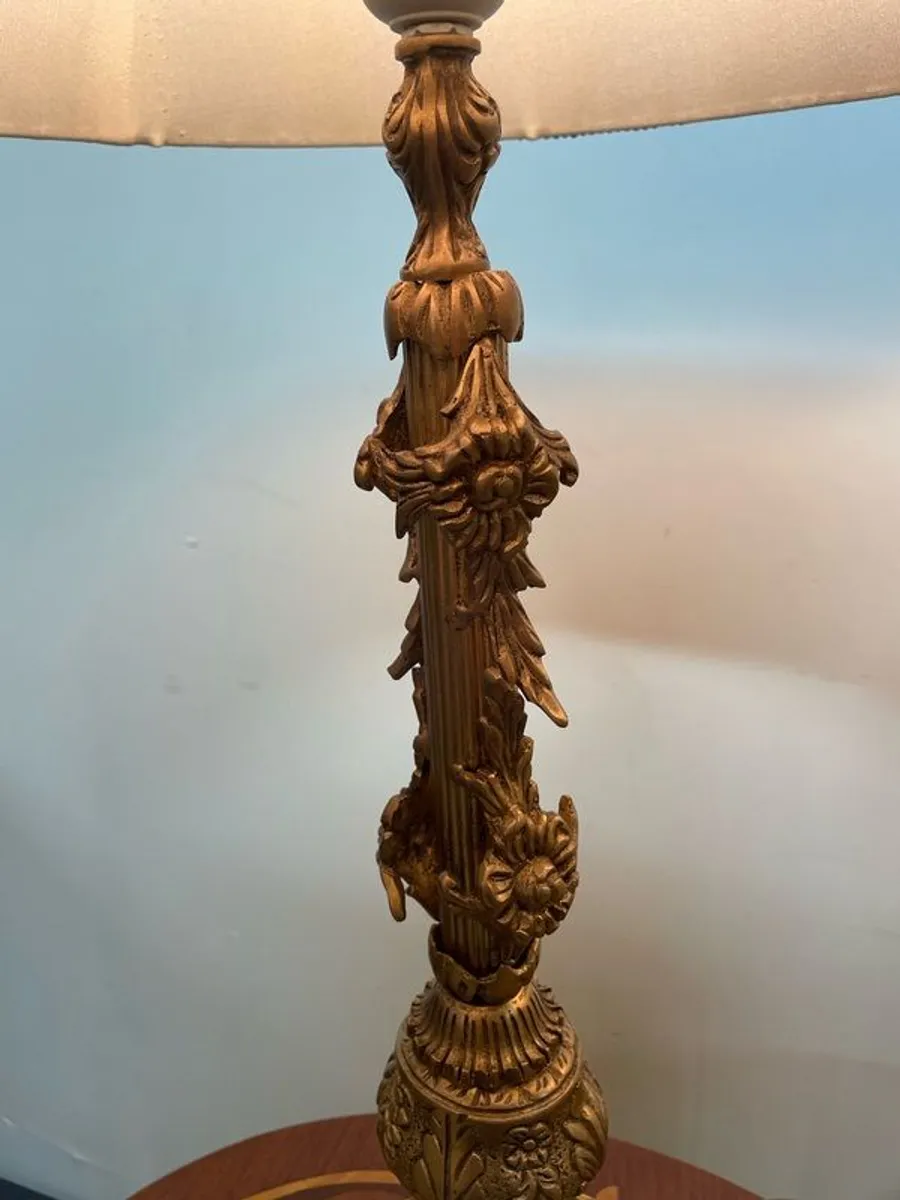 Pair of Neoclassical Style Brass Table Lamps with Blue Pleated Shades - Image 3