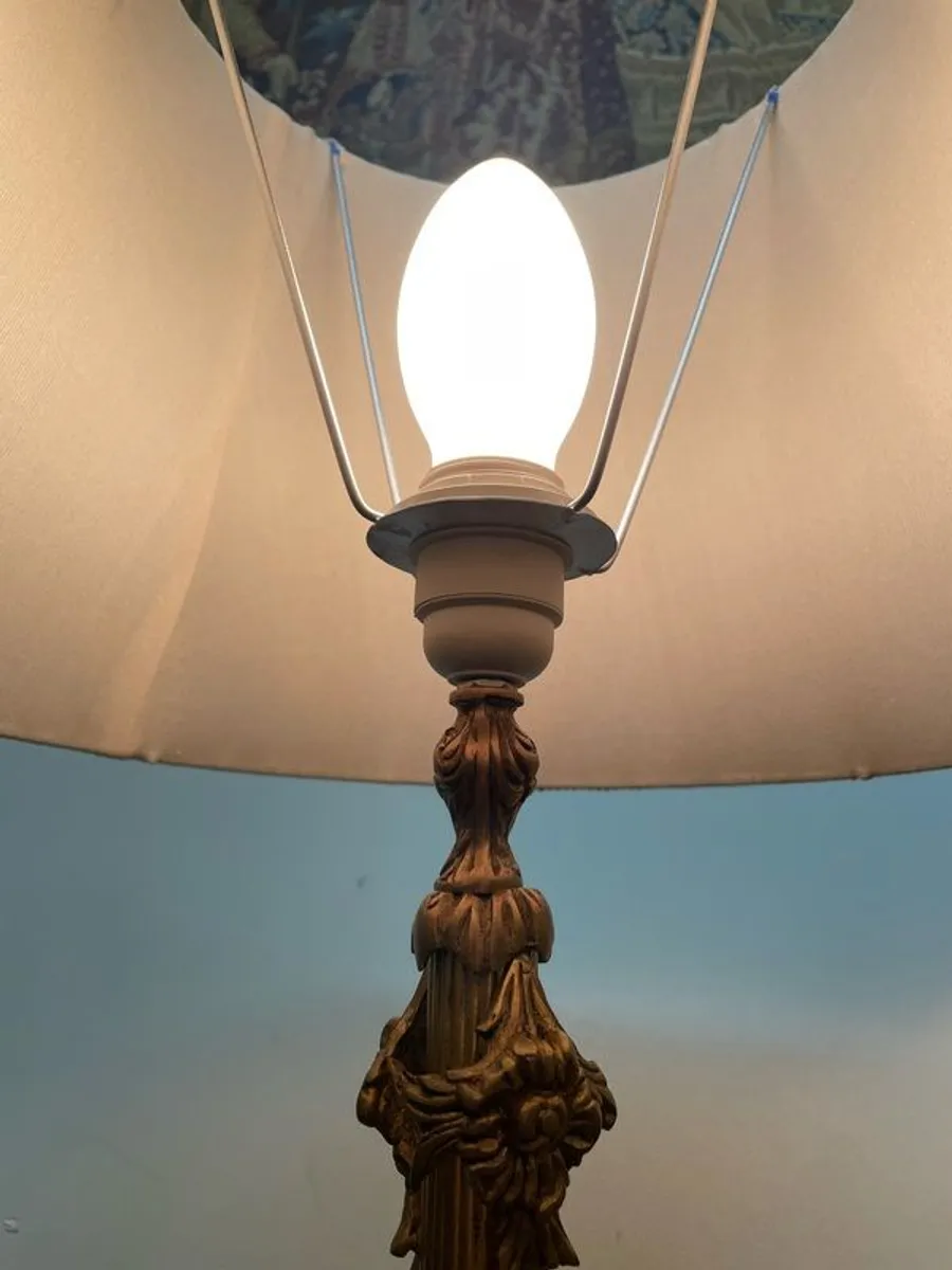 Pair of Neoclassical Style Brass Table Lamps with Blue Pleated Shades - Image 4