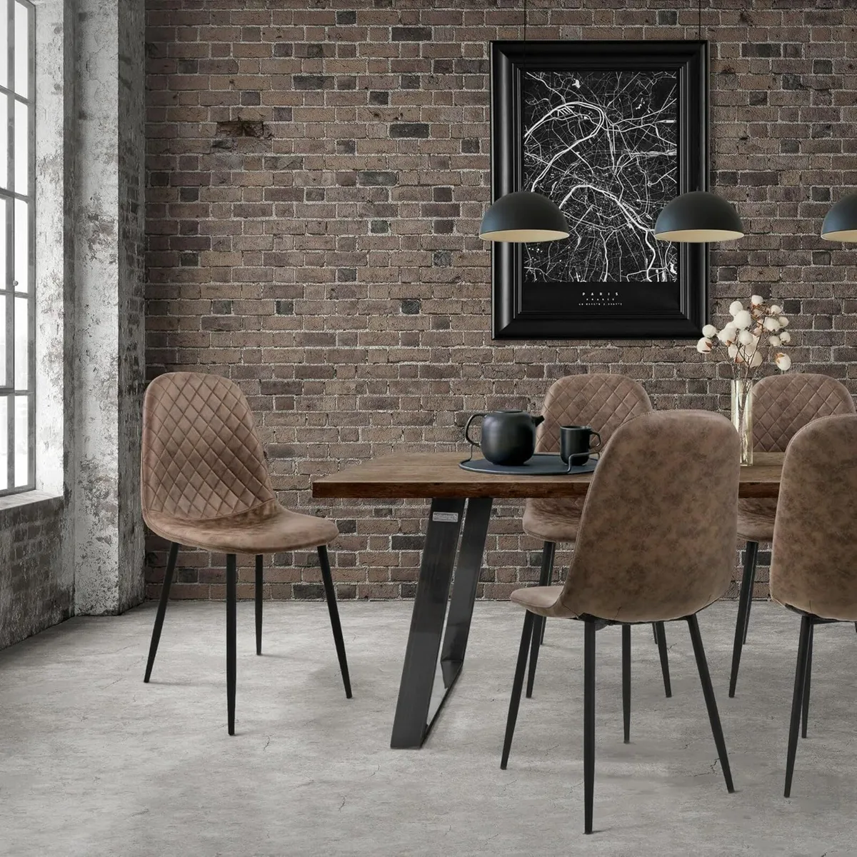 Set of 4 Brown Faux Leather Dining Chairs with Bla - Image 4