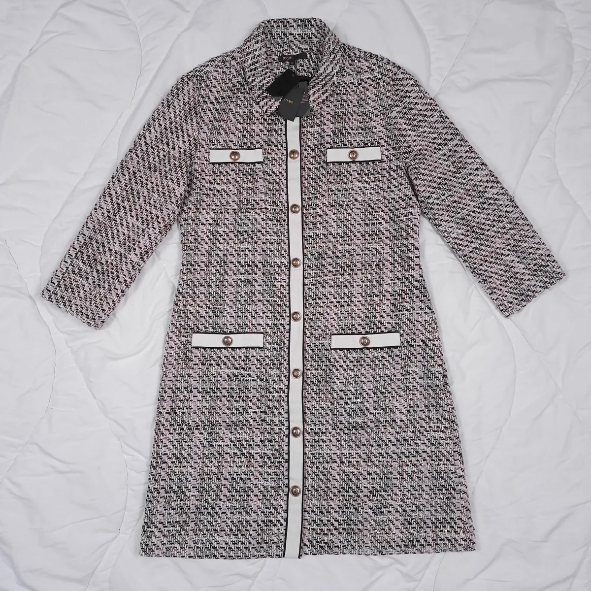 Maje Pink Renatola Tweed Gold Shirt Dress 14UK - Image 1