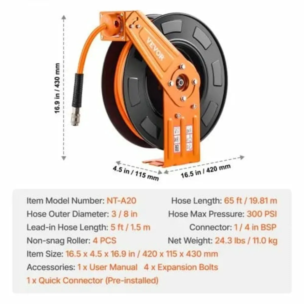Retractable Air Hose Reel, 3/8 IN x 65 FT Hybrid A - Image 4