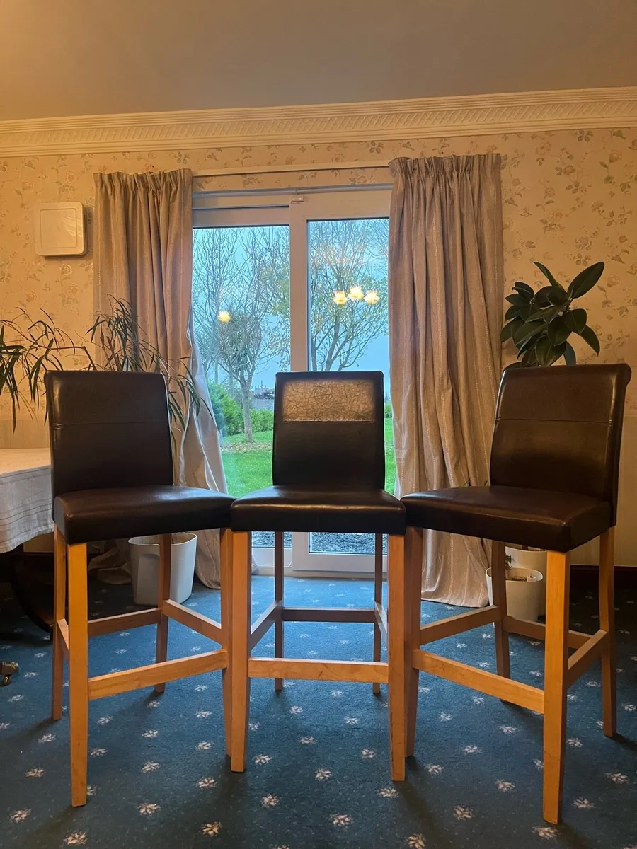 3 Dark Brown Leather Bar Stools - Image 1